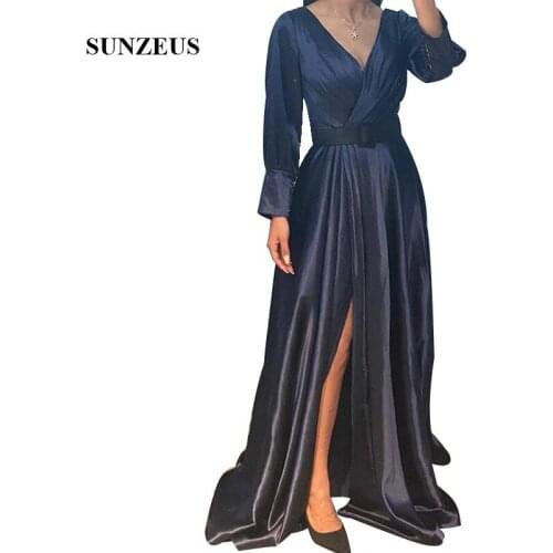 2020 Fall Women Long Sleeves Mother of The Bride Dress A-Line V Neck Full Length Split Groom Mom Gown Mama Formal Wear