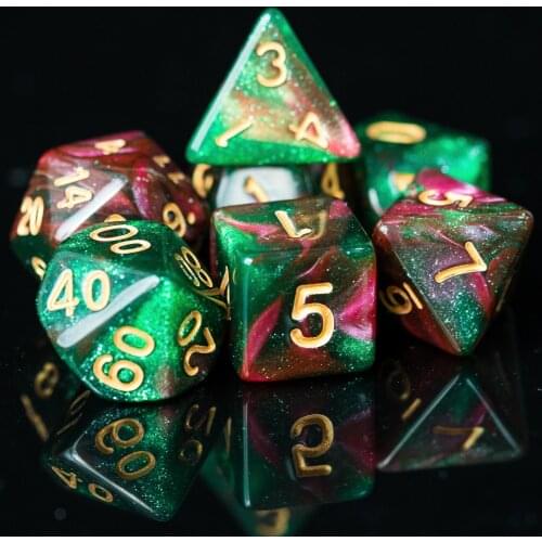 Poludie 7Pcs/Set Rose Red Green Glitter DND Dice Set D4 D6 D8 D10 D% D12 D20 Polyhedral Dice for Role Playing Board Game RPG D&D