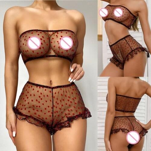 See Through Underwear Lace Lingerie Set Sexy Summer Three-point Fashion Love Heart Bra Pants Set Erotic Sleepwear Sex Pajamas
