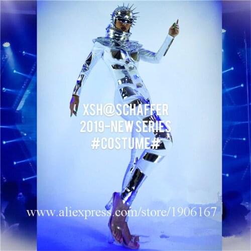 Silver Mirror Woman Party Event Clothes Stage Performance Dance Team Suit Headwear Christmas Halloween Ballroom Catwalk Costumes