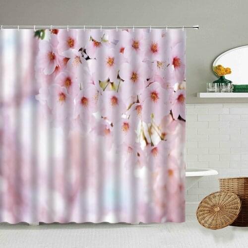 Pink Peach Blossom Sakura Flower Plant Shower Curtain Set Spring Romance Girl Bathroom Accessories With Hook Waterproof Screen