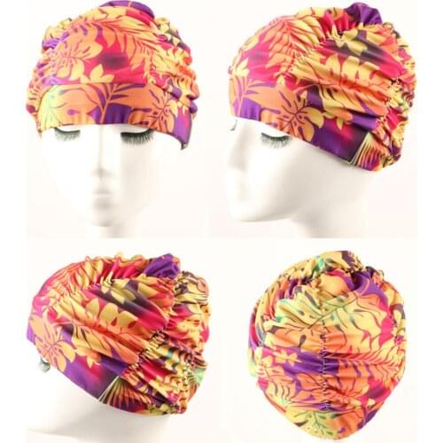 Women Pleated Flower Printed Beach Nylon Stretch Adult Elastic Swimming Cap Fashion Pool Bathing Long Hair Hat