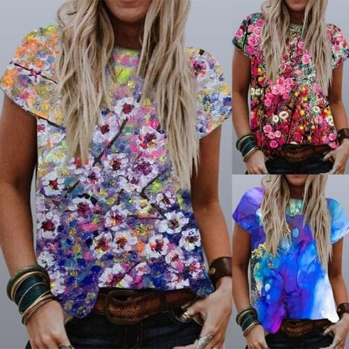 2021 Summer Women Clothing New Flower Printing Vintage T Shirt Street Style Fashion Top Casual Short Sleeve Harajuku Tees Tshirt