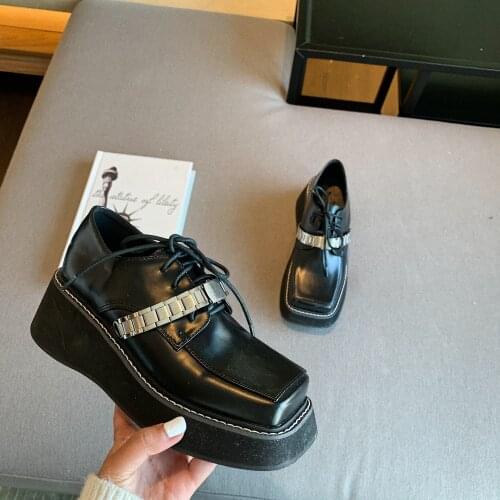 Low-Cut Lace-Up Platform Ladies Single Shoes Spring And Autumn New Fashion Square Toe Korean Small Leather Shoes