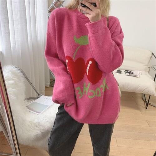 Womens Sweater O-Neck Cherry Print Sweet Cute Lazy Style Womens Pullover Loose Long Sleeve Jumpers Fall Sweaters for Women