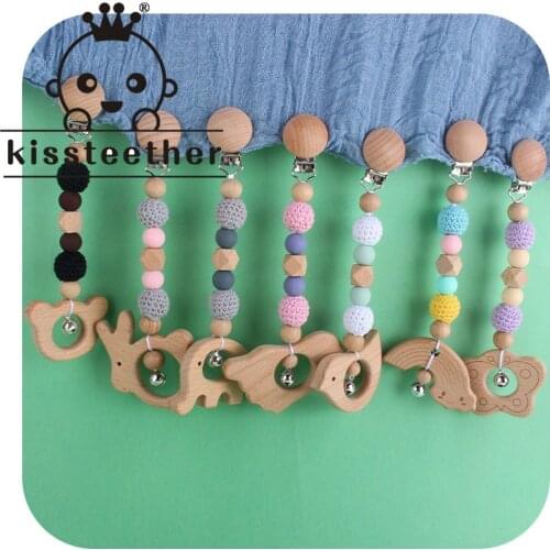 Kissteether 1pcs Baby Wooden Teether BPA Free Beech Rodent Crochet Wooden Beads Pacifier Pendant Bells Soother Clasp Toy Gift
