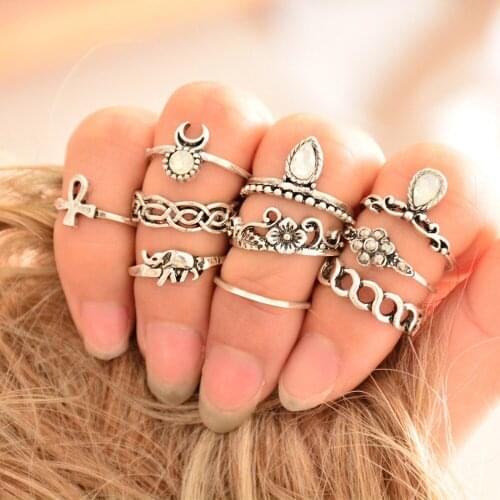 10pcs/Set Vintage Silver color Ring Set Unique Carved ring Antique Bronze Crystal Knuckle Rings for Women Boho Jewelry