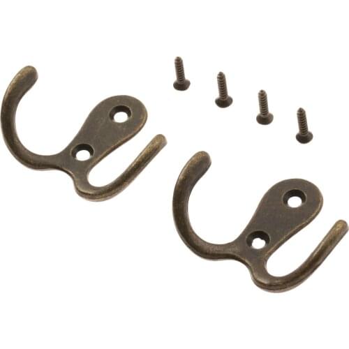 2Pcs Pot Hanger Hooks Handbag Bag Hanger Hooks Wall Door Bath Double Prong Coat Hook Hanger 2 Holes Antique with Screws 55*41mm