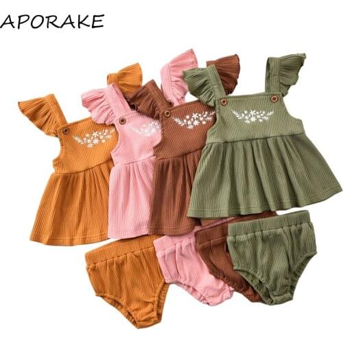 2021 0-12M Infant Baby Girl Velvet Clothing Set Flower Embroidery Fly Sleeve Button Dress Top+Triangle Shorts Summer Cute 2PCS