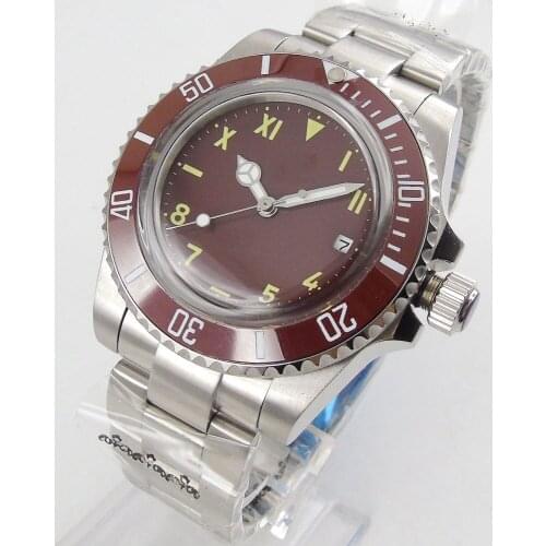 40mm Brown Sterile Dial Domed Glass 21 Jewels MIYOTA 8215 Movement Glass Back Automatic Mens Wristwatch Ceramic Insert