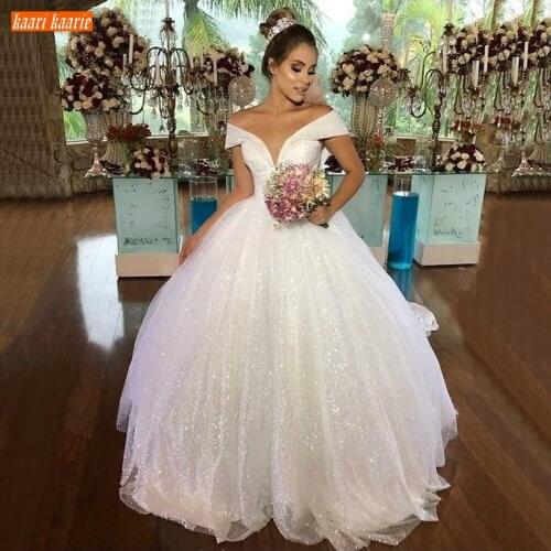 Sparkly Princess Wedding Dresses 2020 Off Shoulder Shiny Sequined Ball Gown Bridal Dress Lace Up Custom Made Long Wedding Gowns