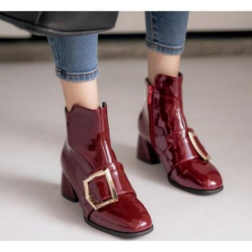 Square buckle thick heel patent leather boots Martin boots womens shoes student boots CASUAL BOOTS size boots 40-47