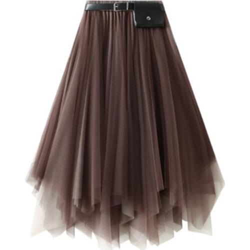 Tulle Skirts Womens Irregular Fashion Korean Elastic High Waist Mesh Tutu Skirt Sexy Pleated Long Skirts Midi Skirts for Women