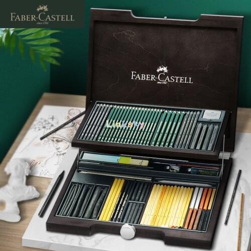 Faber-Castell PITT Monochrome Wooden Case Accessories Gift Kit,112971,Exclusive Wooden Case Made of Wenge Stained Wood