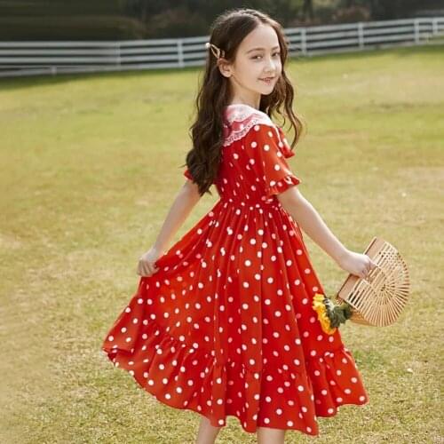 2021 Fashion Kids Chiffon Short Sleeve Dress for Girls Dot Lace Collar Bow Dresses Summer Children Cute Clothes7 8 9 10 11 12 14