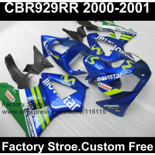 Custom motorcycle fairings kit for HONDA CBR 929RR 2000 2001 CBR929RR 00 01 CBR 900RR fireblade blue movistar fairings parts