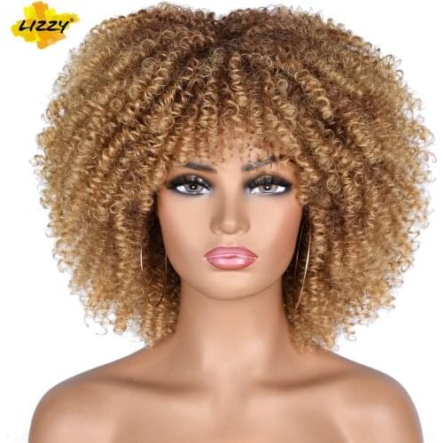 Short Hair Afro Kinky Curly Wigs With Bangs For Black Women African 10" Synthetic Omber Glueless Cosplay Wigs High Temperature