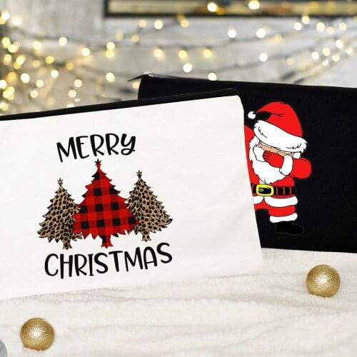 Merry Christmas Tree Fashion Women Canvas Cosmetic Bags Zipper Makeup Pouch Xmas Gift Purse Organizer Deer Face Print Pencil Bag