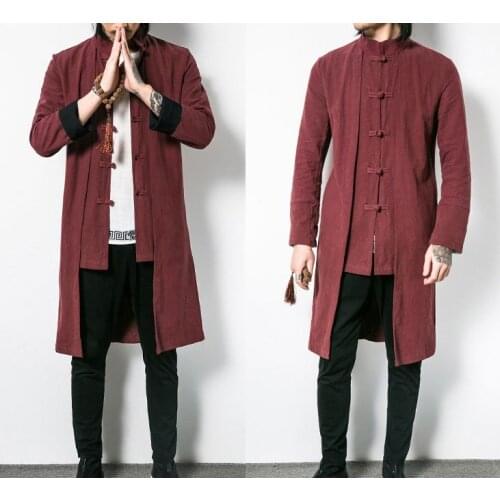 Male gray/black/red cotton&Ramie tang suit wing chun martial arts jacket zen lay meditation robes tai chi gown kung fu costumes