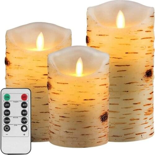 Pack of 3 Birch Bark Effect Flameless Candles Battery Operated Pillar Real Wax Flickering Electric LED Candle Set Remote Control