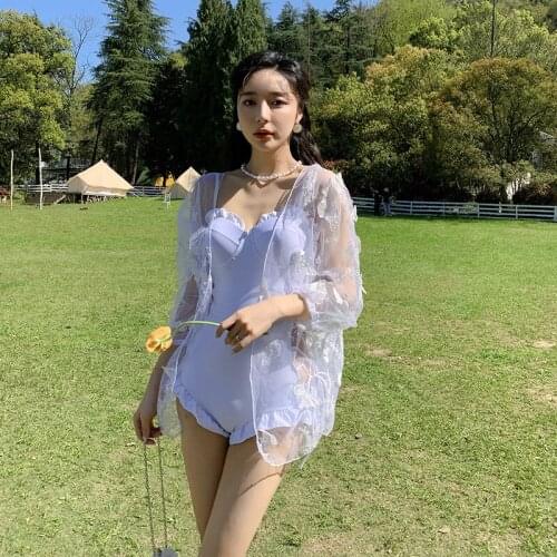 2021 Summer New Fashion Sexy Bandage Slim One Piece Swimsuit Women White Blouse Two Piece Set Hot Spring Vacation Beach Wear