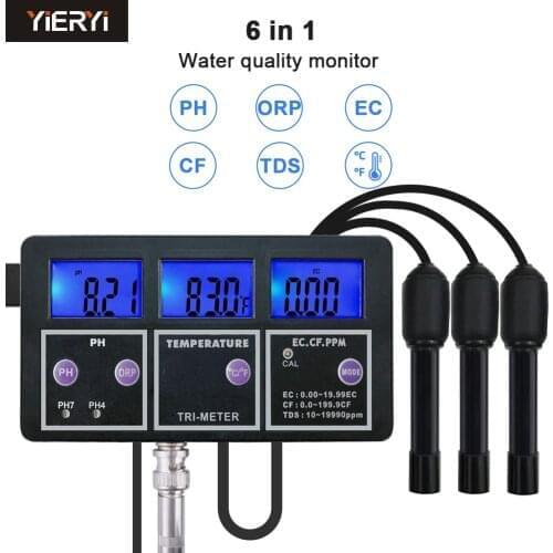 6 in 1 ORP TDS EC CF Temp PH Meter Digital Multi-Parameter Water Quality Purity Tester Device Monitor EU Plug for Aquarium Pool