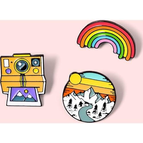 Rainbow Camera Snow Mountain Brooch Bag Clothes Backpack Lapel Enamel Pin Badges Jewelry Gift For Friend Women Accessories
