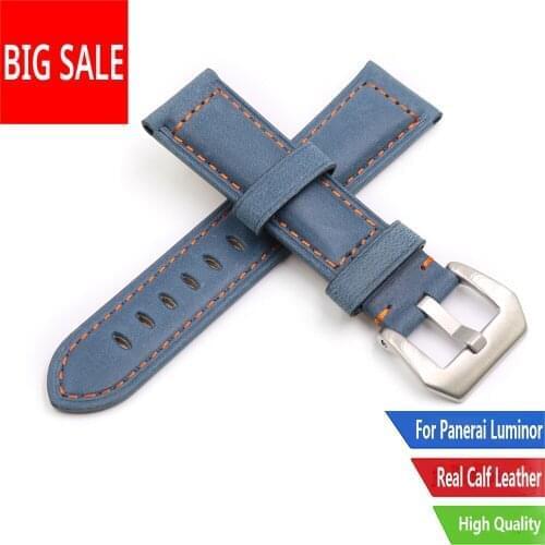 CARLYWET 22 24mm Watch Band Silver Brushed Buckle Sky Blue Real Leather Replacement Thick Vintage Wrist For Panerai Luminor