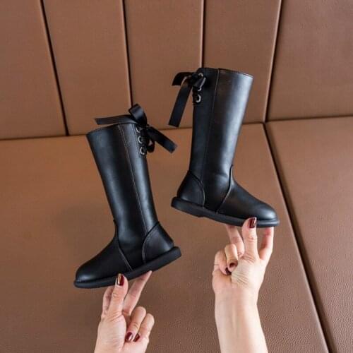 New Winter Childrens Boots Bowknot Girls Princess Shoes Side Zipper Knight Boots Black Long Martin Boots Kids Snow Boots Botas