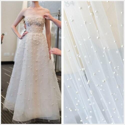 High Quality Beautiful Pearls Beaded lace Fabric Soft Tulle Lace Fabric for Party Bridal Lace Supply DIY Wedding Sewing 100*160c