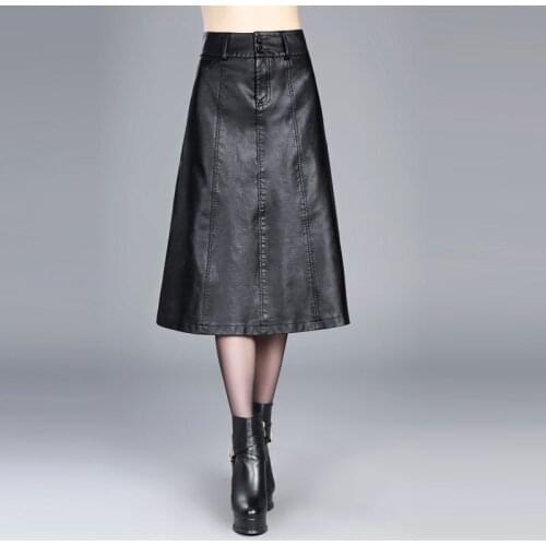 2021 Woman Vintage PU Faux Leather Mini Length Skirts Female Winter Fashion A-Line High Waist Long Skirt Ladies Solid Dress H895