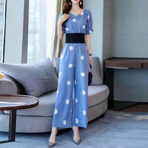 Casual Summer 2 Two Piece Sets Women Polka Dot Outfit Short Sleeve Top And Wide Leg Pant Women Matching Sets Ladies