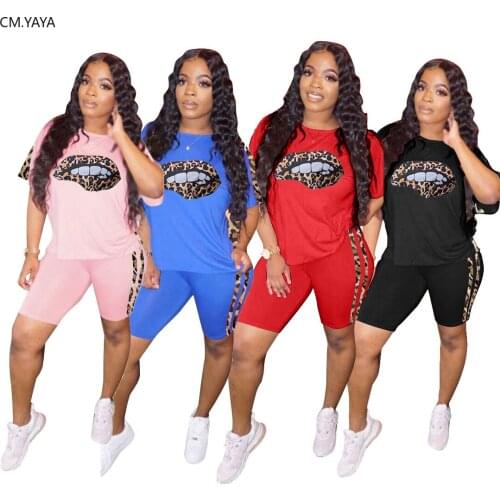 CM.YAYA Sport Women Set Two Piece Set Tracksuit Leopard Lips Tee Tops Knee Length Jogger Pants Suit Fitness Outfit Matching Set