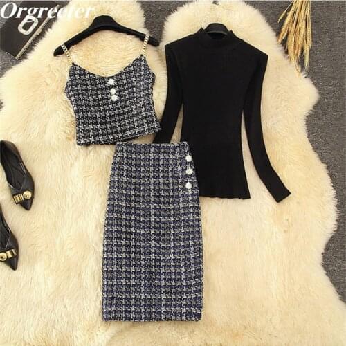 Fall Winter New Diamond Button Tweed 2 Piece Set Female High Quality Chain Vest Crop Top Long Skirts Black Sweater Suits
