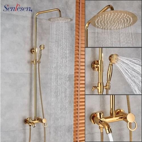 Senlesen Gold Shower Faucet Wall Mounted 8" Rainfall Shower Head with Single Handle Bathroom Shower Faucet