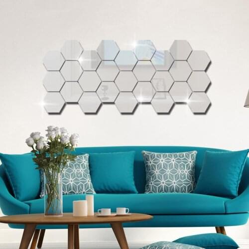 12Pcs Hexagon 3D Art Mirror Wall Stickers Home DIY Decoration Living Room Decal