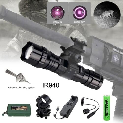 501B LED Infrared Flashlight Zoomable Hunting Torch 940 nm Adjustable IR light Night Vision+18650+Charger+Mount+Switch+Box