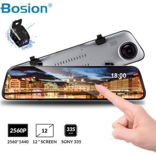 Bosion 12 inches Touch Screen 1080P Car DVR Dash camera Dual Lens Video Recorder Rearview mirror Super night vision Rear camera