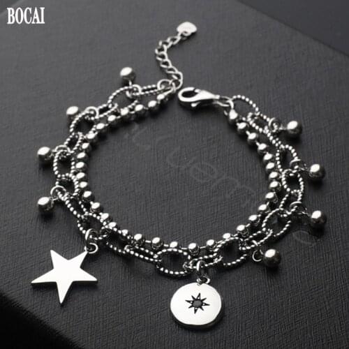 BOCAI New Real S925 Silver Double Layer Retro Bead Chain 2021 Fashion Jewelry Small Star Tag Woman Bracelet Romantic Mood