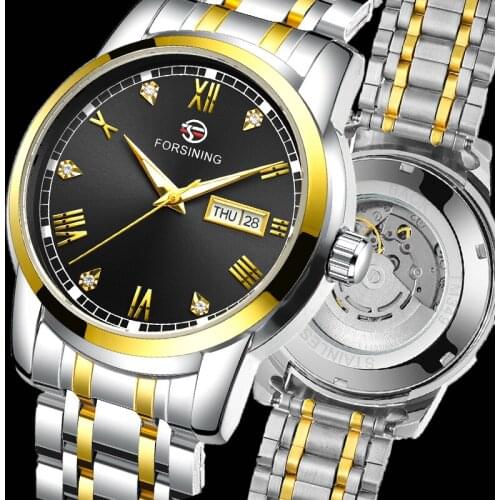 FORSINING Mens Watches Date Week Analog Display Automatic Wrist Watches Stainless Steel Mechanical Wristwatches Watch for Men