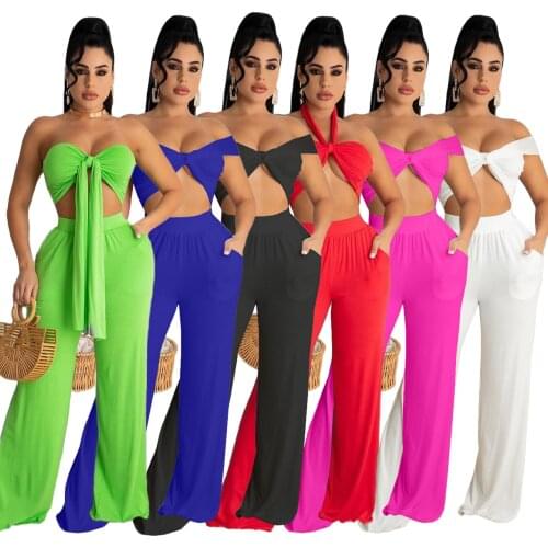 Chiclover Solid Women Two Piece Set Wholesale Items Sexy Nightclubwear Wrapped Chest Crop Tops and Wide Leg Trouser Pants Sets
