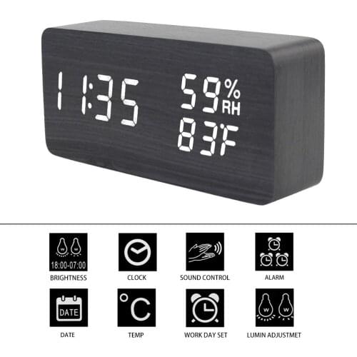 Temperature and Humidity Display Electronic Desktop Clocks USB/AAA Powered LED Wooden Clock Voice Control Bedside