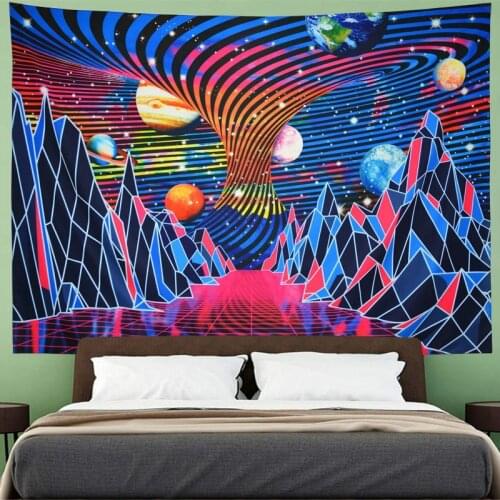 Trippy Mountain Planet Tapestry Hippie Waves Tapestry Retro Space Landscape Psychedelic Galaxy Stars Tapestry Wall Hanging