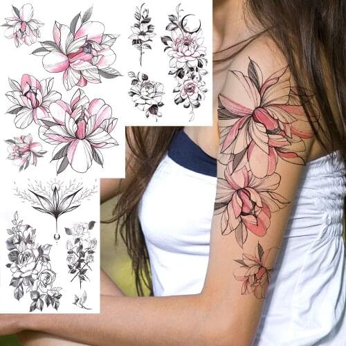 Pink Lotus Fake Temporary Tattoo For Womwn Girls Black Flower Moon Waterproof Tattoo Sticker Body Art Arm Lily Orchid Tatoos
