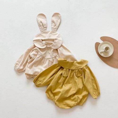 2021 Spring Korean Style Newborn Baby Girls Bodysuits Long Sleeve Rabbit Ears Toddlers Kids Clothes Infants Pure Color Jumpsuits