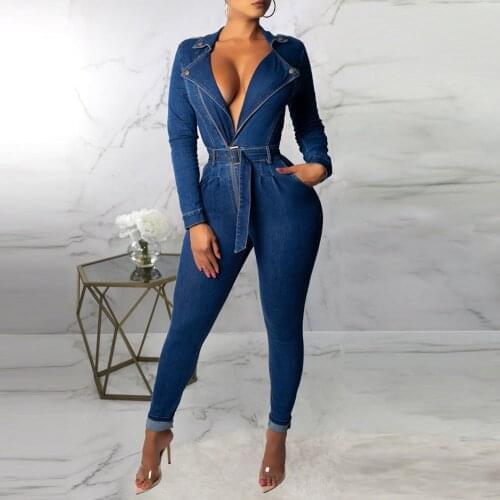 Sexy V Neck Fashion Slim Denim Overalls Women Long Sleeve Jumpsuit Ladies Autumn Blue Jeans Jumpsuits Romper