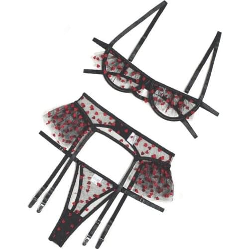 3 Pieces Set Women Sexy Embroider Underwear Love Polka Dot Ruffle Hollow Perspective Erotic Costumes Sensual Lingerie Game Suit