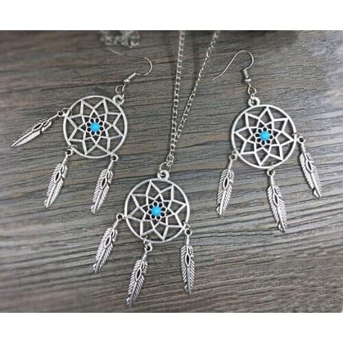 Fashion Jewelry Sets Dreamcatcher feather Pendant Necklace + Earrings Charms Set For Women Gift Q6