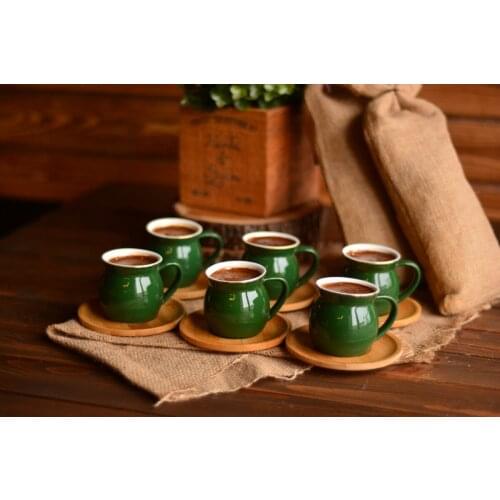 Set of say hi 6 Coffee Cups Red / Dark Green / Blue | Bamboo Saucer - Porcelain Cups | Home - Kitchen | Made in Turkey