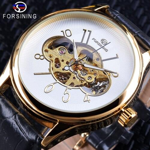 Forsining Skeleton White Golden Display Luminous Hands Mens Mechanical Wristwatch Transparent Case Openwork relogio masculino